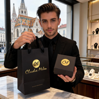 Ensemble élégant de sacs cadeaux et boîtes en papier noir personnalisés avec logo doré pour emballage de luxe, sac de shopping de qualité supérieure avec poignée découpée
