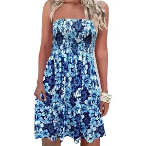 Custom Allover Print Shirred Waist Tube Dress Summer Vacation Sleeveless Backless Dress