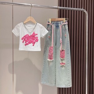 Set di Abbigliamento per Bambini Vendita Calda, Magliette a Maniche Corte con Graffiti e <span class=keywords><strong>Pantaloni</strong></span> Larghi in Denim, Completo 2 Pezzi per Ragazze Adolescenti - Product Image 2