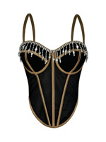 Corset court vintage à franges en strass et à motif d'arêtes de poisson, style Spice Girls, avec nœud 3D en tissu Dobby, bicolore et ajusté, pour la poitrine