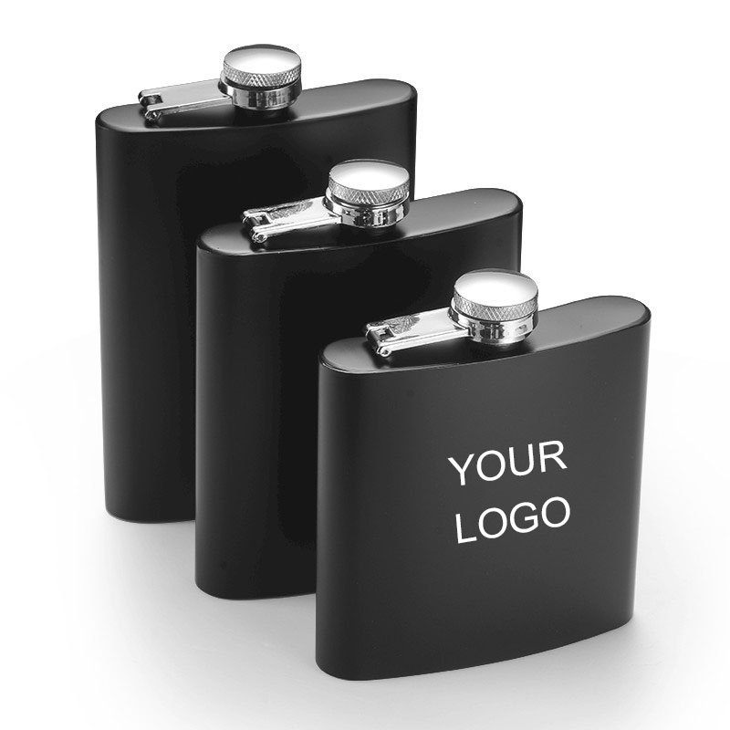 Atacado logotipo personalizado 6oz Matte Black Hip Flask Aço Inoxidável Licor Whisky Álcool Flask