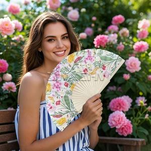 23cm Bamboo Frame Handheld Wooden Fabric <b>Fan</b> Flower Design Custom Shape Painting <b>Wedding</b> Favors Bulk Wholesale Custom Logo - Product Image 3