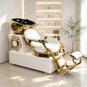 Fauteuil de lavage de luxe blanc et or pour salon de coiffure, chaise de thérapie capillaire antique avec bac en céramique - Product Image 1