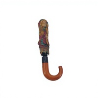 Parapluie de voyage compact personnalisé haut de gamme, entièrement automatique, à impression numérique, motif vintage, imperméable, avec poignée en bois en forme de J, pliable en 3 sections