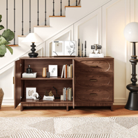 Buffet moderne du milieu du siècle en MDF, 2 portes, 3 tiroirs, caractéristiques réglables, rangement de 1,20 m, finition noyer, aspect bois, pour salle à manger