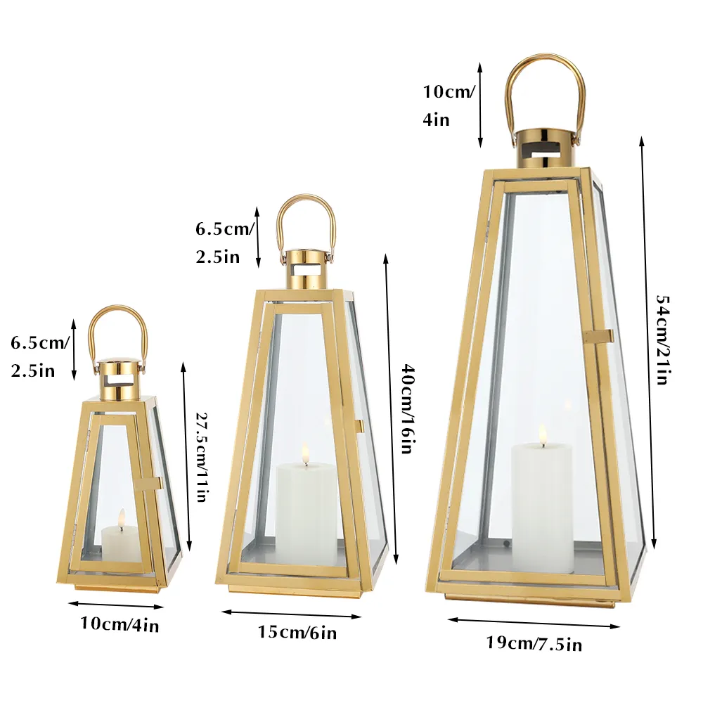 Unique Trapezoid Gold Stainless Steel Floor Hanging Candle Lantern Candle Holders for Wedding Aisle Decor