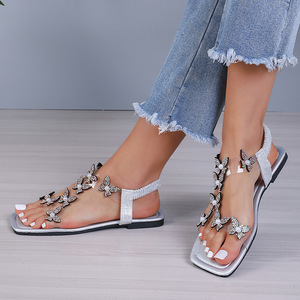 Hot Sale Square Head Women's Femme Transparent Rhinestone Open Toe Flat Sandals for Women and Ladies Slippers - Product Image 2