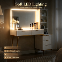 Table de maquillage éclairée par LED, style moderne blanc et or, avec tiroirs de rangement et armoire latérale, mobilier de chambre à coucher – Vente chaude