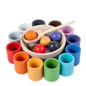 Rainbow Cups Balls Sorting Wooden Toys Preschool Learning Education Montessori Toy For Kids Sensory