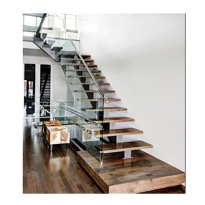 Marche d'intérieur moderne flottante et droit, avec motif en bois et balustrade en verre, m - Product Image 1