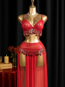 Neues Grenzüberschreitendes Satiniertes Rotes Damen-Dessous-Set, Sexy, XXL, Balconette-Halter-BH, Ausgeschnitten, Quasten, Pailletten, Langer Rock mit Beidseitigen Schlitzen - Product Image 5