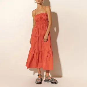 OEM/ODM mujeres verano Color sólido algodón Lino vestidos Spaghetti-Strap Casual Sling Midi vestido para damas
