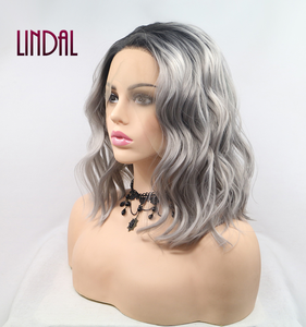 LINDAL สีเงินสีเทาสั้นตัดลูกไม้สังเคราะห์หยิกด้านหน้า Bob ผมหยิกวิกผมลูกไม้ด้านข้างแยกความร้อนแพลทินัมสีเทาวิกผม - Product Image 3