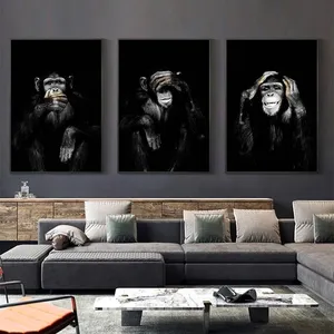 Pintura en Lienzo Original Hecha a Mano de Animales, Arte de Pared de Gran Tamaño, 3 Impresiones Divertidas Oscuras para Decoración del Hogar y Sala de Estar - Product Image 1