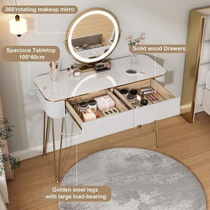 <strong>Small</strong> Vanity <strong>Desk</strong> with Mirror and Lights 39" White and Gold Makeup Vanity Table with 2 Drawers Modern Dressing Table for <strong>Bedroom</strong> - Product Image 2