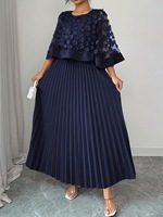 Nouvelle Robe Midi Élégante en Maille avec Cape et Patchwork pour Femmes Rondes, Collection Été 2026, Exportation Europe et Amérique