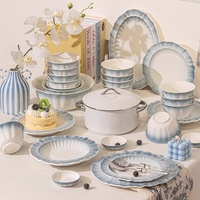 Ensemble de bols et assiettes en céramique sous glaçure, résistant au micro-ondes, design minimaliste, modèle Pétale Bleu Flamme, haut de gamme, idéal pour un cadeau de pendaison de crémaillère