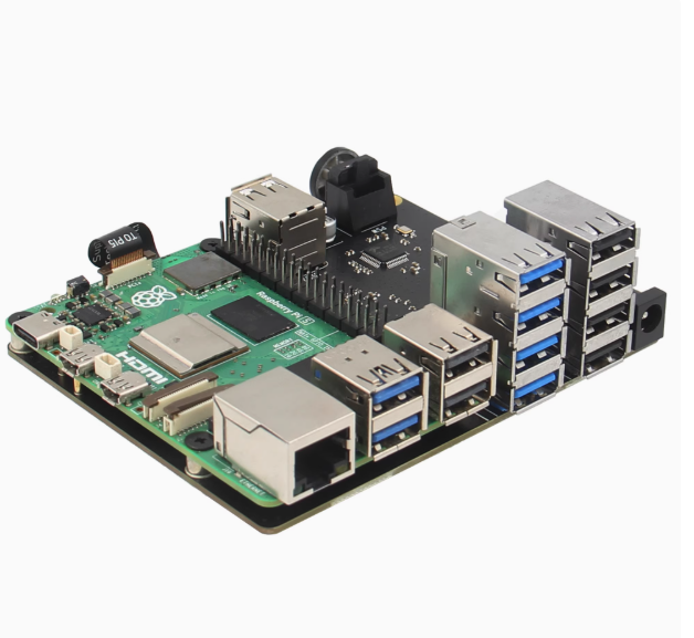 Raspberry Pi 5 PCIe to 10 Ports USB 3 0 Expansion Board with 9 18V Wide Voltage Input Dual Cooling Fans Design X1013