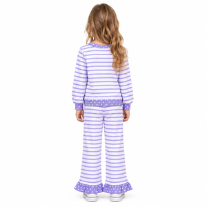 Ensemble de leggings évasés pour filles, en tissu yoga, pull rayé violet et pantalon à volants à pois pour enfants - Product Image 3