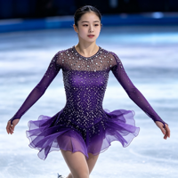 Robe de patinage artistique violet foncé, manches longues, dos découpé en maille, jupe en mousseline ornée de strass, personnalisable pour enfants, adolescents et adultes, OEM