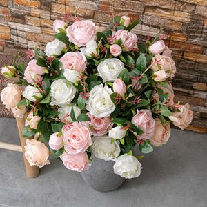 ดอกกุหลาบประดิษฐ์ CallaFloral แบบ 3 หัว สีชมพูขาว สำหรับตกแต่งภายในงานแต่งงาน ช่อดอกไม้ผ้าทอ - Product Image 1