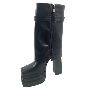 Botines de tacón grueso con plataforma alta y punta cuadrada para mujer, de metal, con diseño superpuesto y plegado - Product Image 2