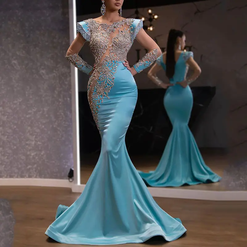 Women Evening Dresses For Party Summer Woman Princess Maxi Evening Gowns Blue Fishtail Dresses