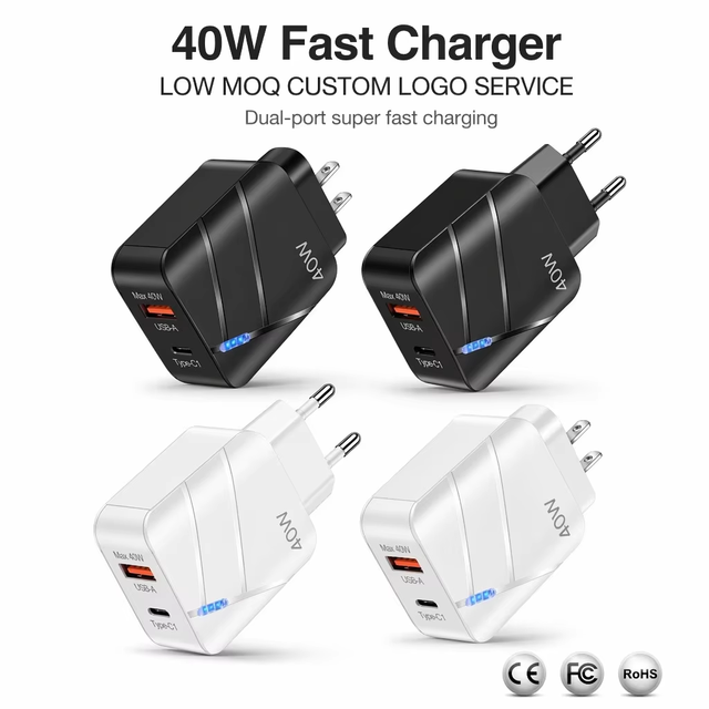 Factory Direct 40W Dual Port USB-A Type-C Phone Fast Charger EU US Plug LED Indicator Smart IC Multi Protection Custom Logo