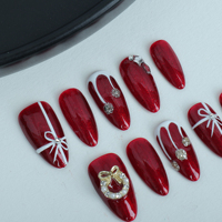 Uñas artificiales hechas a mano, estilo festivo rojo pintado a mano, uñas reutilizables de alta calidad.