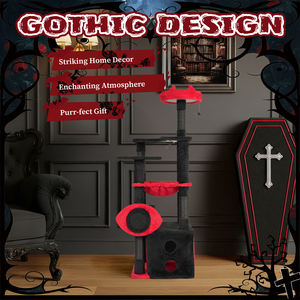 OEM ODM Moderno Grande Tiragraffi per Gatti in Legno Nero Rosso a Forma di Corna di Diavolo, con Cuccia Accogliente, Amaca, Tiragraffi e Giocattolo Sospeso - Product Image 2