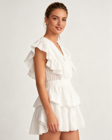 Robe mini à volants et col en V brodée d'œillets blancs, taille smockée, pour femme, décontractée, pour les vacances d'été
