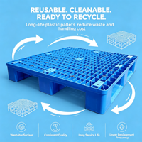 Palette en plastique bleue de qualité export 1000x1000mm à trois skids, surface grillagée, pour entrepôt