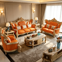 Canapé en cuir orange à accoudoirs enroulés avec cadre doré, prêt à l'emploi, pour salon, villa, hall, restaurant, salle de séjour