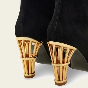 Women's Suede <b>Long</b> Boots High Chunky Cut Out Heels Square Toe Knee High Booties Straight Gold Heeled Shoes - Product Image 5