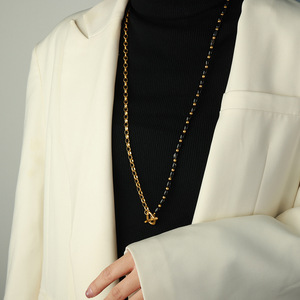 Chaîne de chandail noir élégant perles d'agate boucle OT 18K PVD plaqué or en acier inoxydable colliers de bijoux de mode pour femmes - Product Image 6