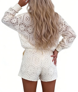 Ensemble 2 pièces en dentelle pour femme, style décontracté, col montant, haut à revers et short, tendance - Product Image 5