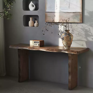 Console d'entrée en bois massif à bord naturel avec bandes décoratives modernes, comptoir mural en bois massif - Product Image 1