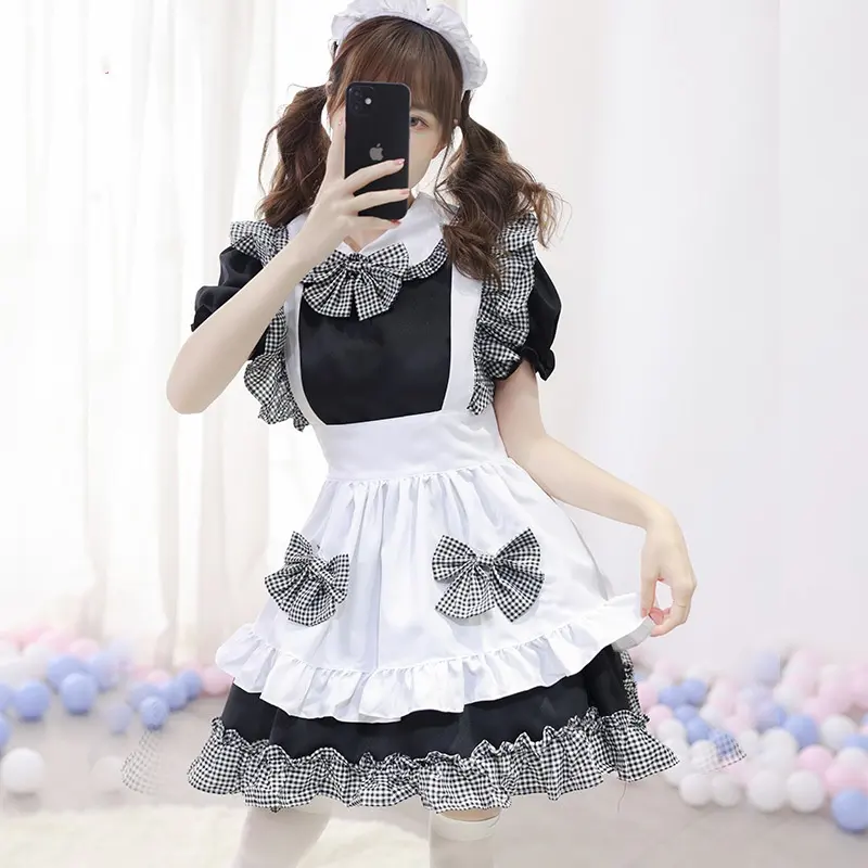 メイド衣装フルセットのコスプレユニフォームかわいい女の子タイプ黒と白のグリッドロリータドレスコスチューム