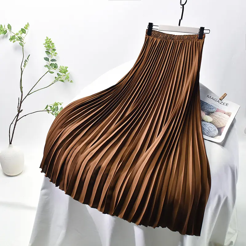 Casual Solid color long large size pleated high elastic waist skirt 2023