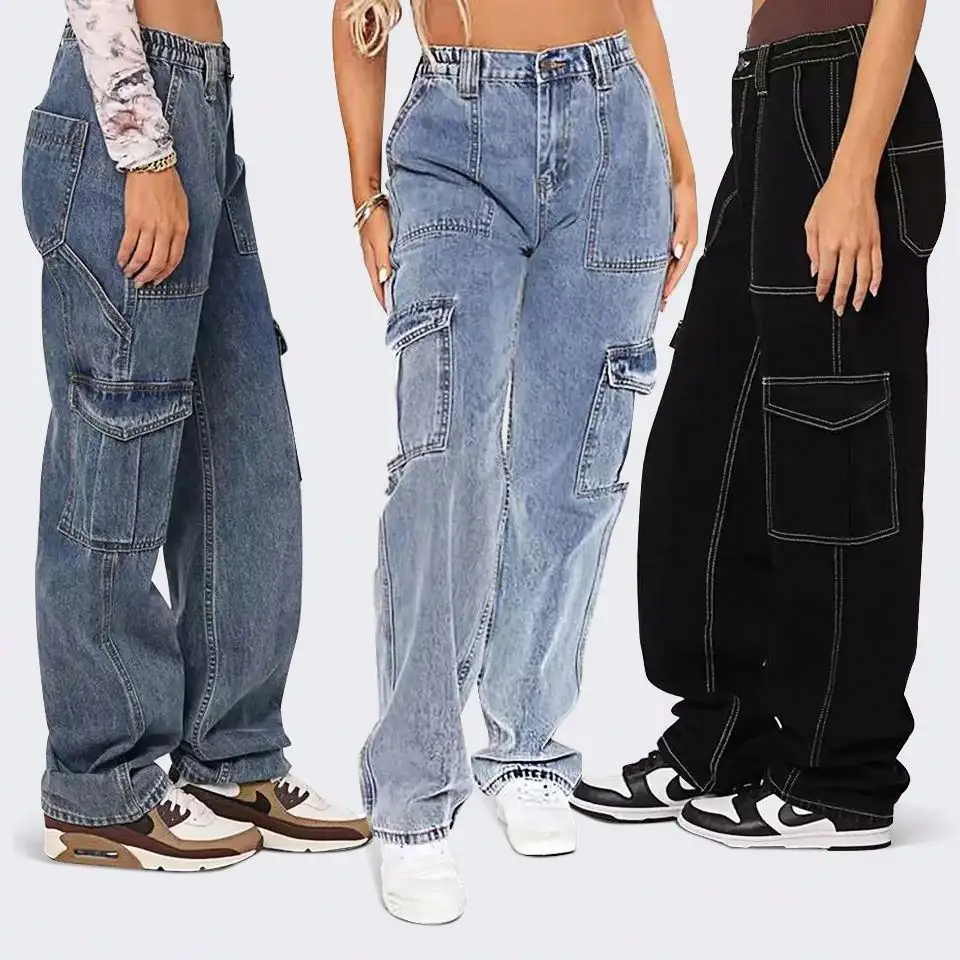 Benutzer definierte Kleidung Vintage Baggy Overs ize Jeans Damen bekleidung 90er Jahre Reiß verschluss Cargo Jeans Hosen Lose Damen hosen Plus Size Hosen