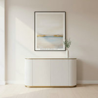 Table Buffet Nordique Moderne de Taille Personnalisée avec Base en Acier Inoxydable Doré Cadre en Bois Blanc Plateau en Pierre Fritté