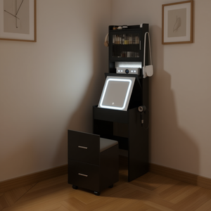 Mini tocador de esquina negro con luces LED, estación de carga y estantes de almacenamiento para espacios pequeños, tocadores de maquillaje para dormitorio - Product Image 2