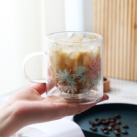 Mug à café en verre 8,5 oz, cylindre droit à double paroi, motif floral - Tasse isolante en borosilicate de haute qualité pour latte, café, restaurant
