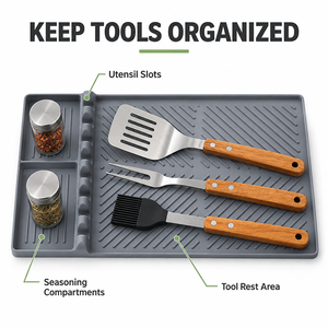 Tapis d'outils en silicone pour plancha - Accessoires de barbecue et de comptoir de cuisine faciles à nettoyer avec étagère latérale et spatule - Product Image 3