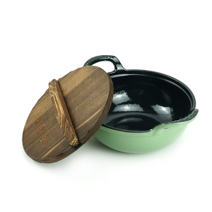 Poêle à Wok <span class=keywords><strong>traditionnelle</strong></span> chinoise <span class=keywords><strong>en</strong></span> <span class=keywords><strong>fonte</strong></span> 2 poignées poêle à frire profonde enduite d'émail pour cuisinières à gaz électriques couvercle <span class=keywords><strong>en</strong></span> bois fours hollandais - Product Image 5