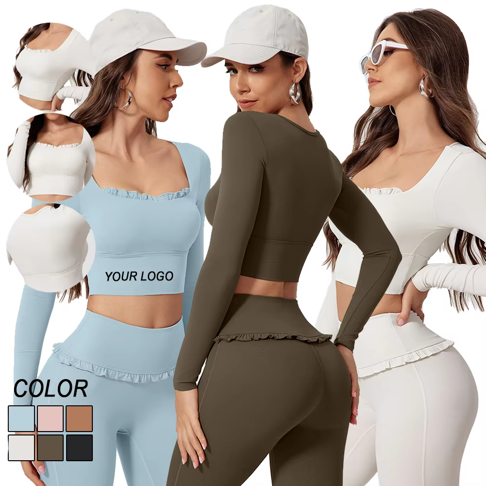 Quick-Drying Long-Sleeved Fitness Sports Tops Breathable Yoga and Running Gear with Square-Neck Tight and Chest Pads