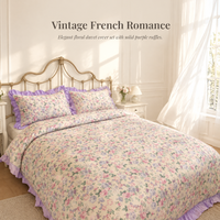 Parure de lit 3 pièces 100 % coton à motif floral violet, housse de couette à volants style princesse, imprimé réactif, couvre-lit pastoral