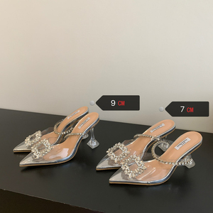 Women's Summer Fashion Crystal Bridal Shoes One Word Belt Sandals High Heels Transparent Rhinestone <b>Half</b> Slippers for Outer Wear - Product Image 1