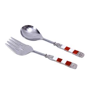 Cuillère et fourchette de service à salade en acier inoxydable plaqué argent avec manche en résine rouge et blanche ensemble de service à salade gadgets de cuisine - Product Image 1