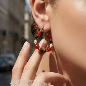 Ethnic Style Natural Stone Beaded <b>Earrings</b>, Maillard Tiger's Eye <b>Earrings</b> Stainless Steel Fashion Light Luxury <b>Stud</b> <b>Earrings</b> - Product Image 1